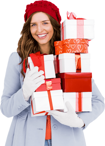 Young Woman Holding Red and White Gifts Transparent Background