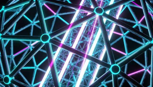 Glowing geodesic lattice of neon rods and nodes forming futuristic cybernetic network