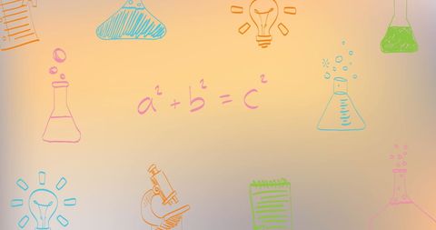 Colorful Science Icons with Mathematical Equation on Orange Gradient Background