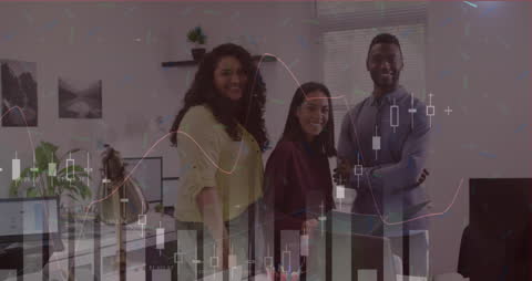 Diverse Business Team with Digital Data Overlay in Modern Office