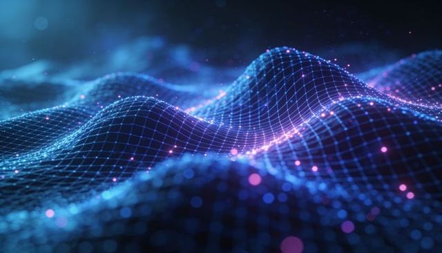 Neon wireframe wave network creating futuristic data landscape with glowing nodes, bokeh