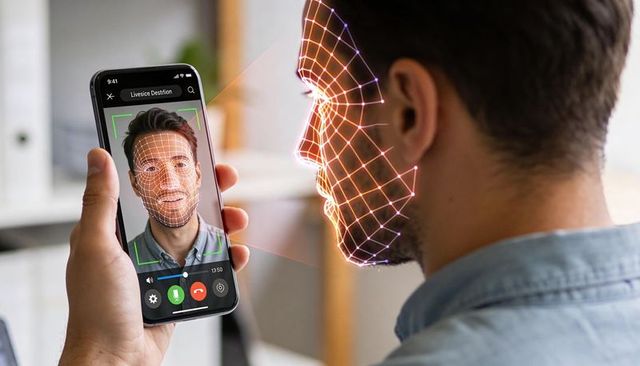 Man scanning face with smartphone for liveness detection and biometric authentication