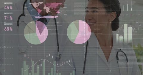 Doctors analyzing patient data with medical dashboard, charts, stethoscopes, collaboration