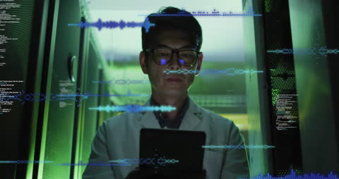 Futuristic Data Analysis in Server Room by Businessman