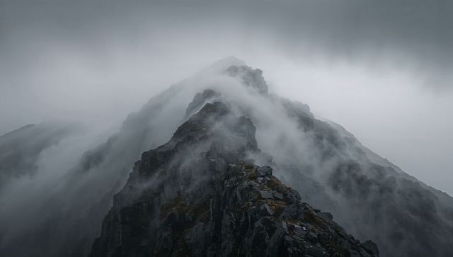 Jagged alpine ridge shrouding in mist, dramatic arete leading to cloud-clad summit