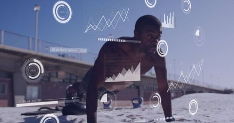 African american athlete exercise with financial data overlay