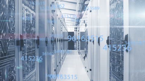 Server Room with Digital Data Overlay and Microprocessor Connections