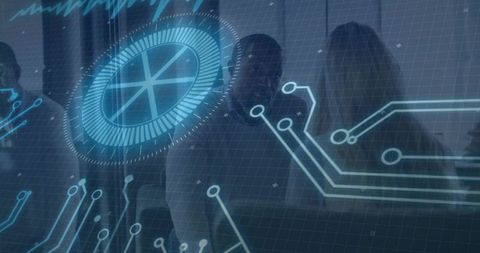 Collaborative team interacting with holographic circuit HUD for data analysis in office