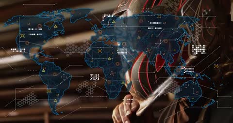 Welder with Digital World Map Highlighting Industrial Connectivity