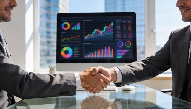 Executives shaking hands closing deal with financial dashboard displaying growth charts