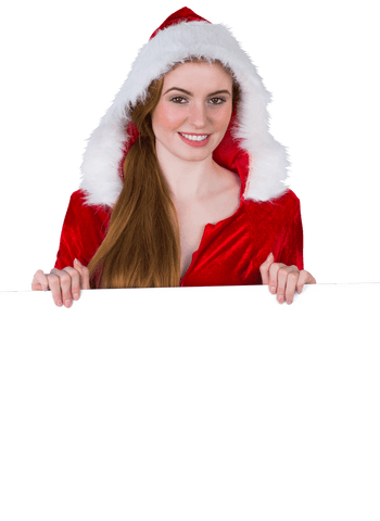 Smiling woman in santa costume with transparent sign