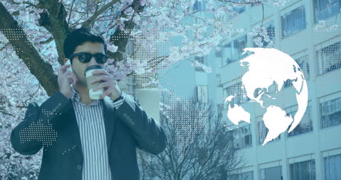 Global Communication with Confident Businessman in Cityscape