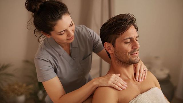 Female therapist massaging relaxed male client on spa table for wellness and relaxation