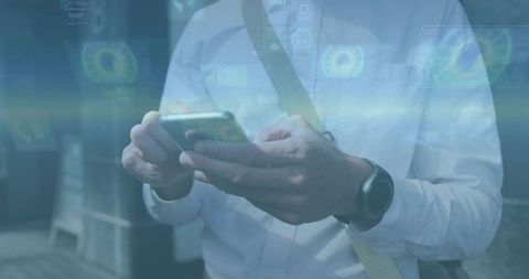 Business commuter tapping smartphone with ar hud overlay, wearing watch and messenger bag