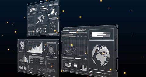 Futuristic holographic dashboards displaying global analytics, telemetry and visualization