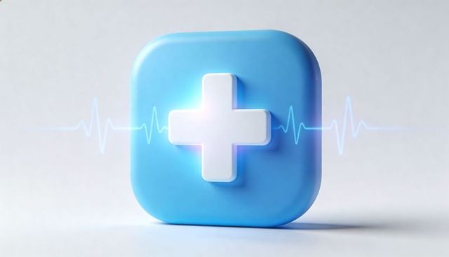 Blue 3d medical app icon with raised white cross and ecg waveform for healthtech ui design