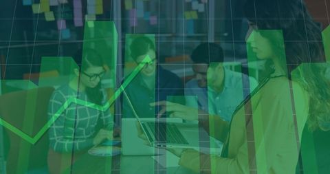 Female Leader Presenting Data on Laptop with Team Brainstorming and Growth Chart Overlay