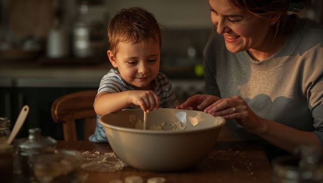 Preschool boy stirring dough while mother guiding hands baking cookies at cozy kitchen table