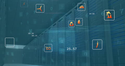 Digital Eco Icons Over Server Room Illustrating Data Processing