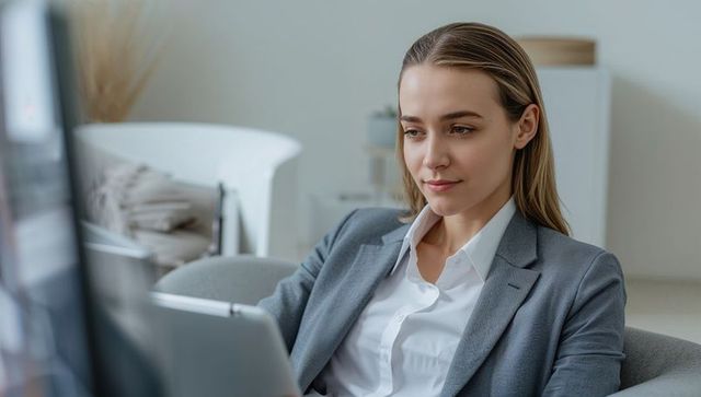 Focused professional woman working on laptop in modern minimalist office space