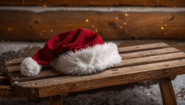 Red Santa Hat Resting on Rustic Wooden Bench with Snow and Warm Fairy Lights