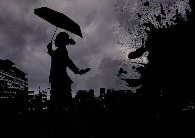 Silhouette of woman holding umbrella against stormy cityscape background. Dark and dramatic scene with heavy clouds and urban skyline. Ideal for use in themes related to weather, urban life, mystery, and artistic expressions. Suitable for blogs, websites, and advertisements focusing on dramatic and moody atmospheres.