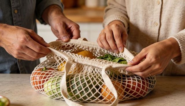 Couple packing reusable cotton mesh produce bag with fresh fruit on kitchen countertop
