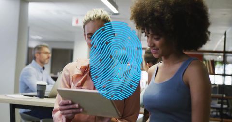 Diverse Colleagues Discussing with Fingerprint Overlay in Office