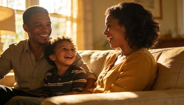 Sunlit family sharing laughter on cozy sofa, parents and child enjoying warm home moment