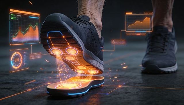 Smart running shoe revealing glowing removable insole with holographic performance hud