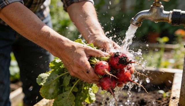 Gardener Washing Fresh Red Radishes under Outdoor Faucet for Homegrown Harvest Backyard Raised Bed