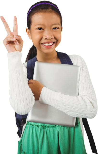 Smiling Girl Holding Tablet Displaying Peace Sign Transparent Background - Download Free Stock Videos Pikwizard.com