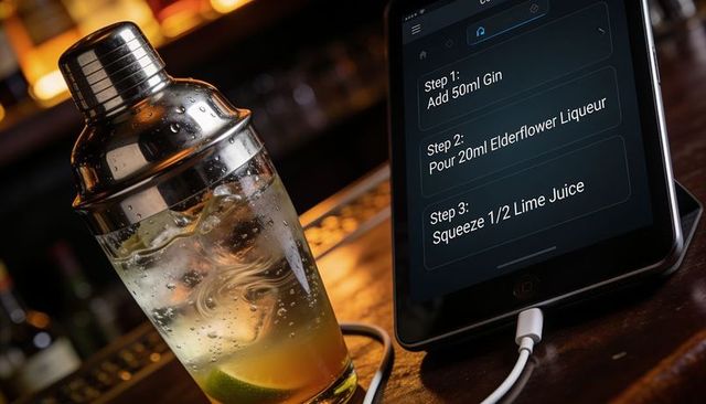 Mixing cocktail shaker with digital recipe on tablet at wooden bar counter, lime garnish