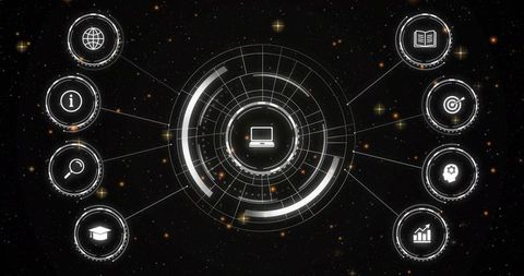 Futuristic HUD Network Interface with Central Laptop Icon and Eight Satellite Data Nodes