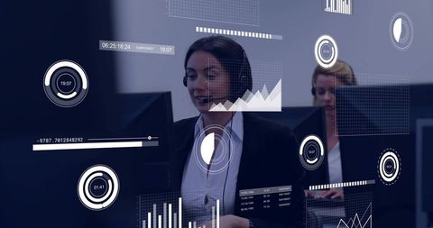 Customer service agent using headset with digital analytics hud overlays and monitors