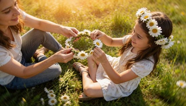 Mother and daughter making daisy crowns in sunlit meadow sharing tender bond