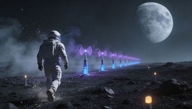 Astronaut walking on lunar surface toward glowing beacon line beneath giant moon, futuristic