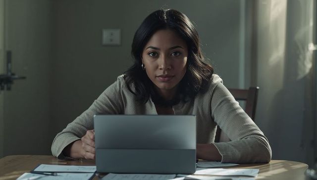 Focused young woman working on laptop and reviewing documents at home workspace in natural light