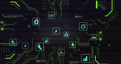 Futuristic Digital Circuit Board Highlighting Sustainability