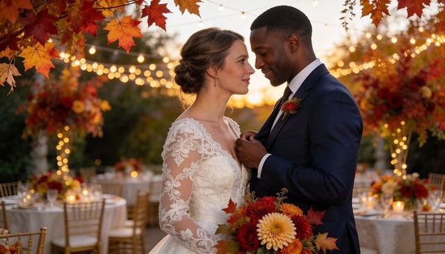 Sunset autumn wedding couple gazing at outdoor reception with lace gown and navy suit