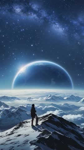 Climber Gazing at Planet Rising Over Snowy Peaks Under Milky Way | Vertical Video