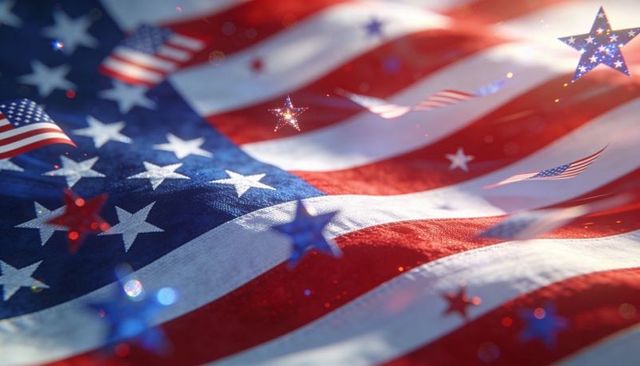 Waving american flag with star confetti and miniature flags celebrating fourth of july