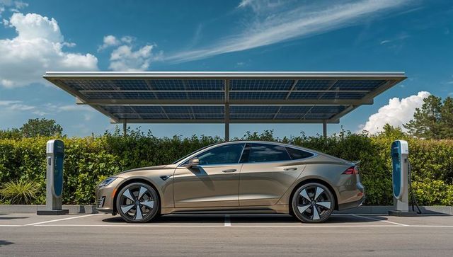 Gold electric sedan charging under solar canopy at charging station