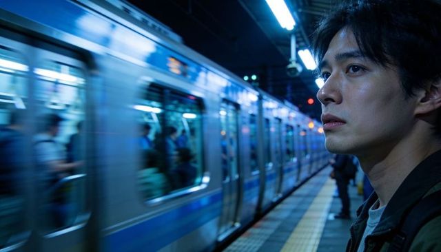 Night commuter waiting on subway platform watching passing train with motion blur, urban night