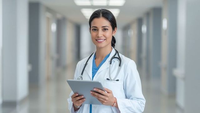 Smiling Doctor Using Tablet in Hospital Corridor