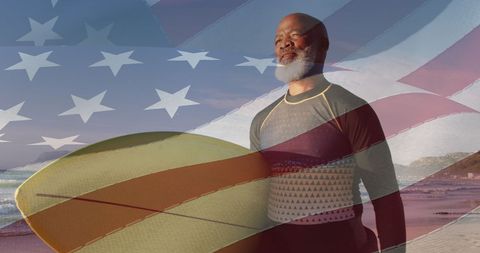 Senior African American Man Holding Surfboard on Beach with USA Flag Overlay