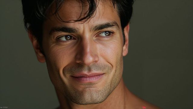 Confident smiling man with light stubble and soft studio lighting closeup showing calm expression