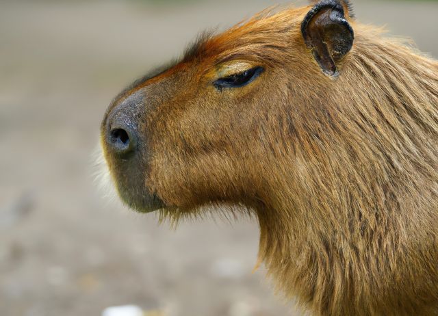 This image features a close-up shot of a calm capybara, the largest rodent in the world, gazing into the distance. The animal's brown fur and serene expression create a peaceful atmosphere. Great for use in wildlife documentaries, educational materials about South American fauna, or promoting animal conservation efforts.
