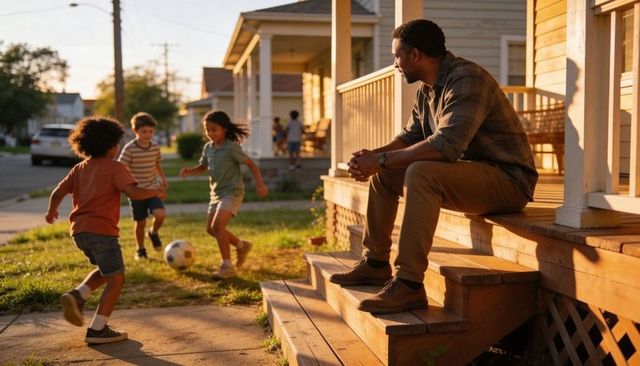 Parent watching kids playing soccer on porch steps at golden hour