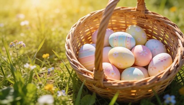 Pastel easter eggs in wicker basket on sunlit meadow with wildflowers and warm sunlight